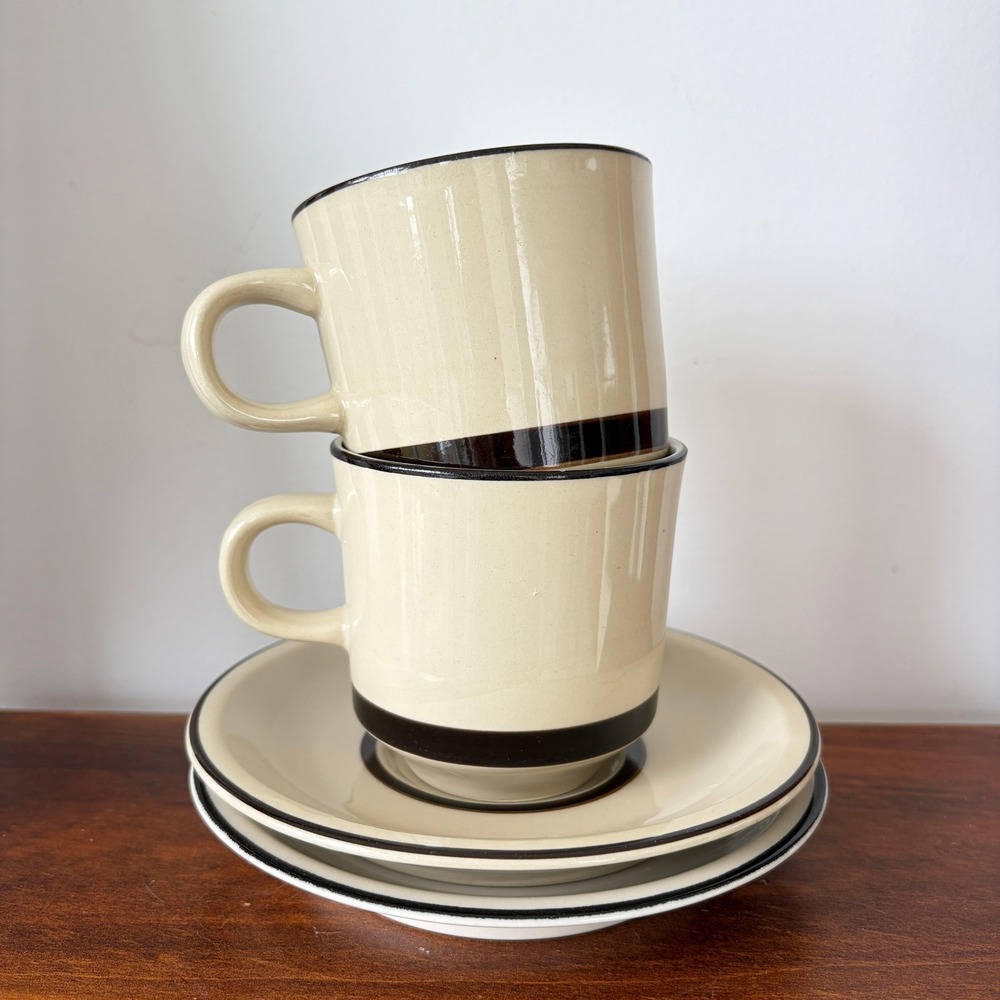 Vintage Mid Century Modern Stoneware Coffee Cup and Saucer Set Tan Brown Banded